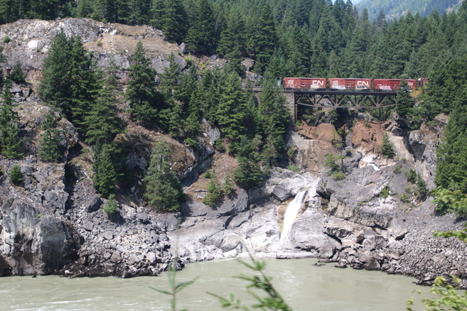 Goods train crossing a bridge on the Canadian Pacific line